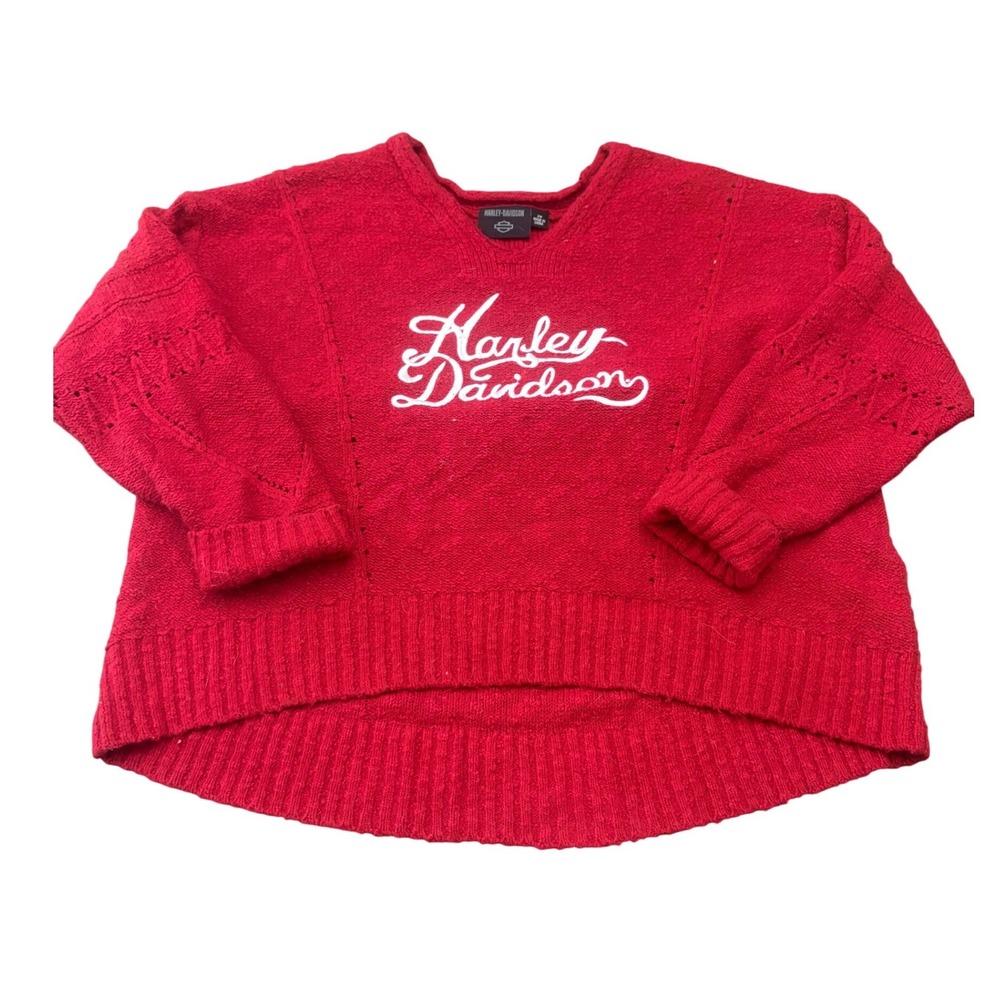 Harley Davidson Red Sweater Womens 2W Plus Size Script Logo V-Neck Knit Pullover